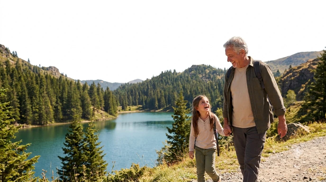 Grandfather and grandchild walking in nature by a lake